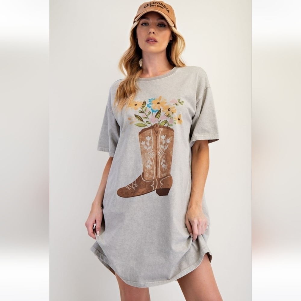 Easel Western Boho Boots Floral Mineral Washed T-Shirt Dress Stone Ash Grey New
